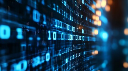 Futuristic digital data flow with glowing binary code representation on a sleek technological background : Generative AI