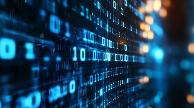 Futuristic digital data flow with glowing binary code representation on a sleek technological background : Generative AI