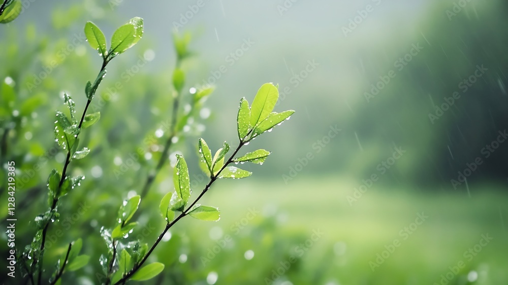 Poster raindrops falling on fresh green leaves in a lush forest creating a peaceful atmosphere : generative