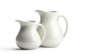 Two Elegant White Ceramic Pitchers on White Background