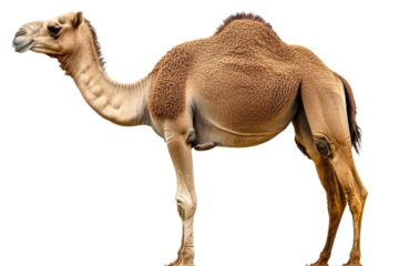 Camel standing upright in a desert setting
