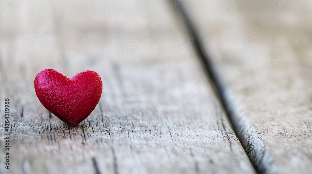 Poster close up of a small red heart shape on weathered wooden background for love themes : generative ai