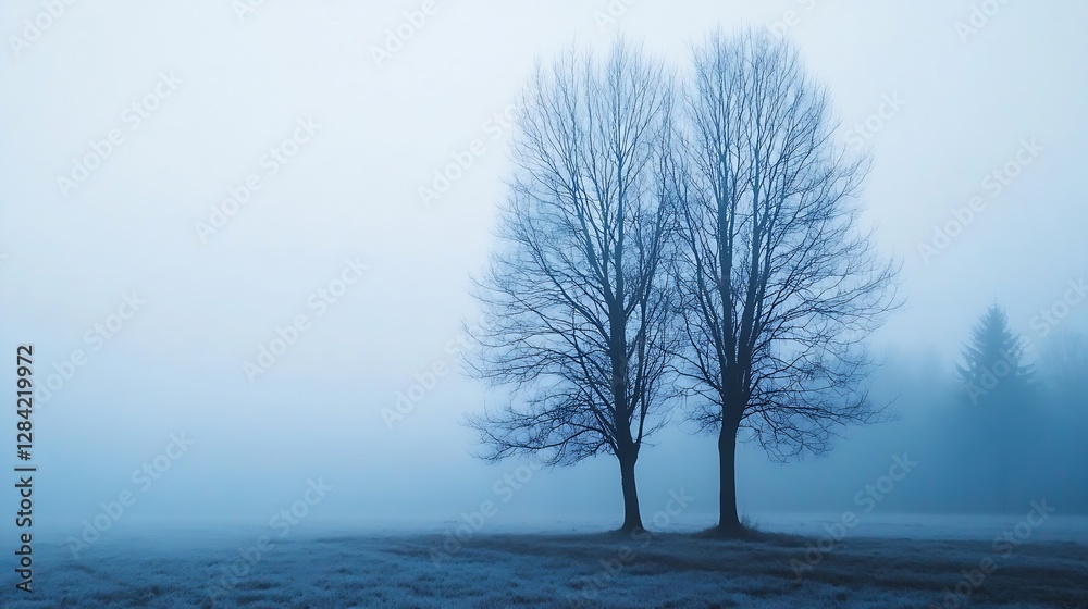 Poster Mysterious foggy landscape with two barren trees standing in a serene atmosphere : Generative AI