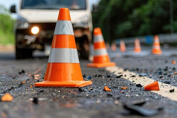 Bright orange traffic cones set against a blurred vehicle in the background signify a roadside incident, evoking urgency and caution. emergency response