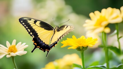 Obraz premium Beautiful close up of a yellow butterfly perched on vibrant flowers in a colorful garden : Generative AI