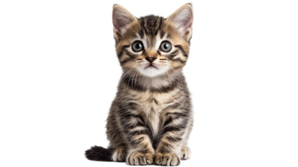 Cute striped kitten sitting on a white background