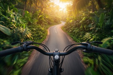 Scenic Bicycle Ride through Lush Tropical Jungle Pathway