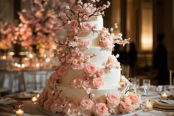 Elegant Wedding Cake Adorned With Roses and Cherry Blossoms at a Lavish Reception Venue