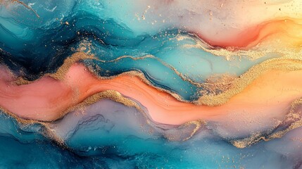 Fototapeta premium Abstract watercolor waves in blue, gold and orange, useful for art or background