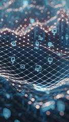A 3D render of a digital network, featuring connected computers and glowing nodes, representing the flow of data, information transfer, and the concept of modern technology and connectivity.
