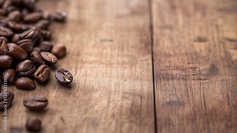 Poster closeup view of freshly roasted coffee beans spread on a rustic wooden surface capturing their textu