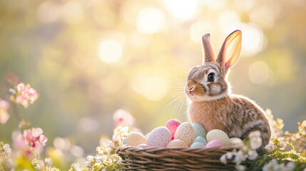 Obraz premium A bunny sitting next to a basket with colourful easter eggs in a sunny spring environment.