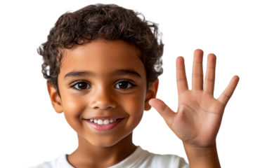Smiling boy waving hello with bright expression