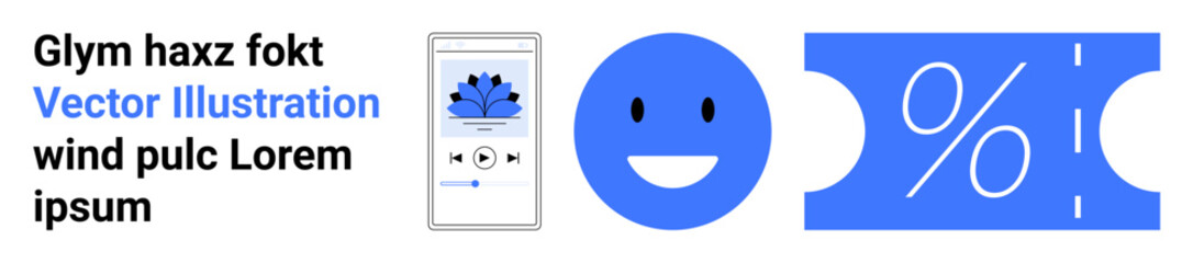 Fototapeta premium Smartphone music app, happy face, and ticket with percentage symbol. Ideal for entertainment, promotions, music, digital tools, happiness sales and marketing. Abstract line flat metaphor