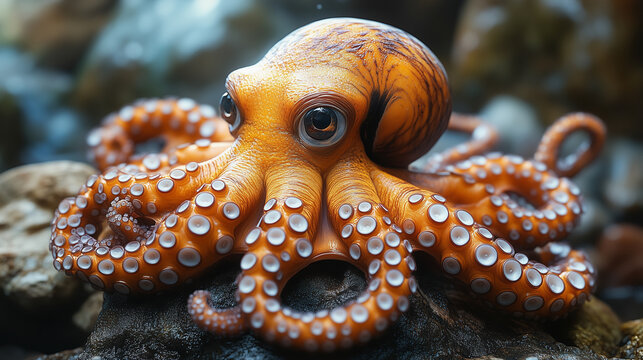 Colorful octopus exploring rocky seabed during daylight in a vibrant underwater habitat. Generative AI