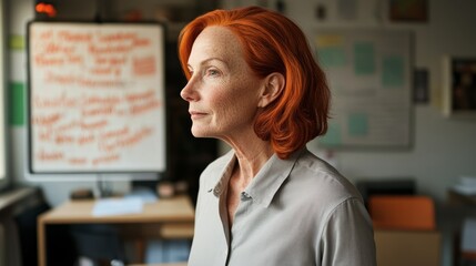 "An adult woman with red hair and glasses, seen from behind, facing a classroom or lecture hall."