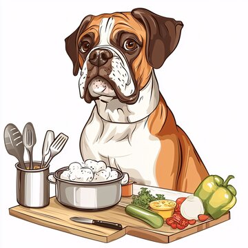 boxer dog cooking vegetables on cutting board clip art preview