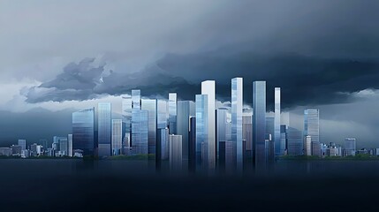 Modern city skyline under dramatic stormy clouds reflecting on calm water surface