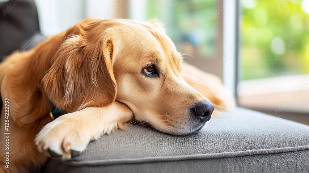 Aufkleber thoughtful golden retriever dog resting on a sofa while gazing out the window : generative ai
