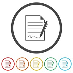 Pen signing a contract icon. Set icons in color circle buttons