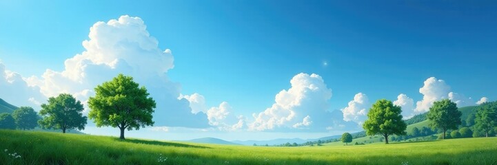 Obraz premium Treeline against a vast blue sky with fluffy white clouds, sun, landscape
