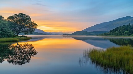 Fototapeta premium Serene Sunrise Landscape Peaceful Lake Golden Hour Mountain Reflection Tranquil Nature Scene Majestic Scenery Breathtaking View Picturesque Vista 