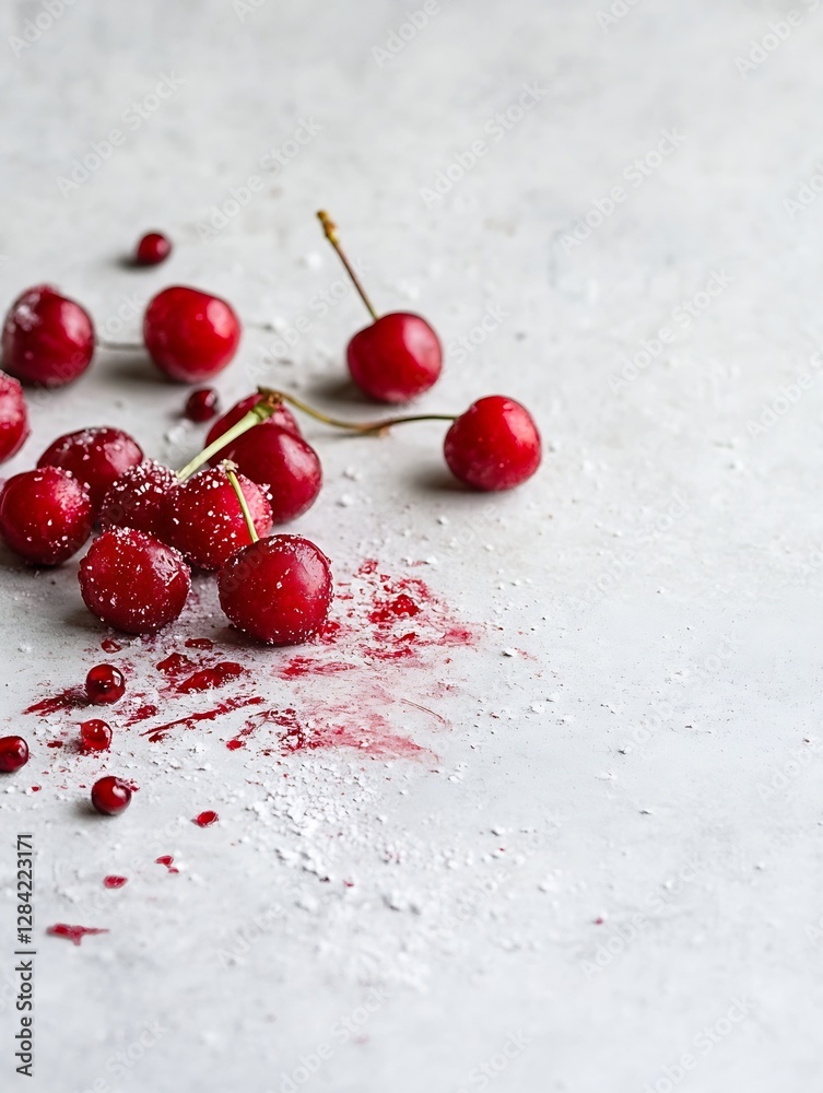 Aufkleber Fresh cherries dusted with sugar on light gray surface creating an appealing food scene : Generative AI