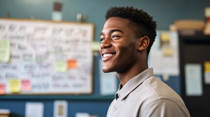 A male individual smiling at camera in an office environment.