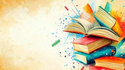 Stack of Colorful Books with an Open Book on Top on Artistic Background in Watercolor Style