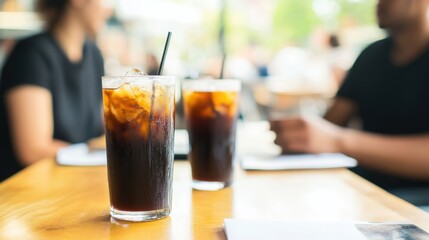 Moderate drinking at a modern caf&eacute;, enjoying an iced coffee with a colleague. Featuring productivity and connection