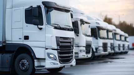 Fleet of brand new white delivery trucks lined up in parking lot ready for work : Generative AI