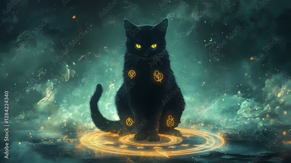 Canvas Prints A mystical illustration of a black cat with glowing symbols around its paws, sitting on a magic circle. Mystic Occult Ritual Circle. Illustration