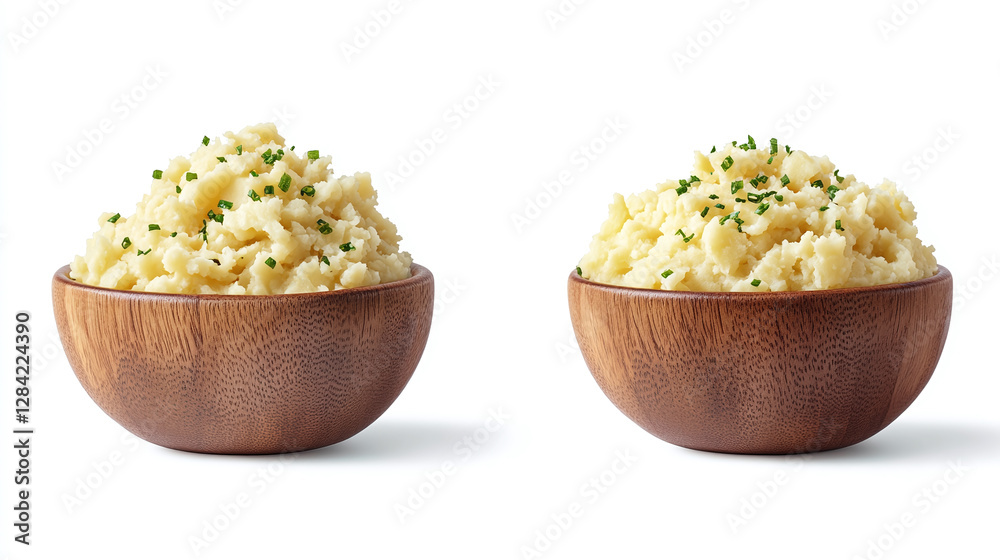 Wall mural Mashed potatoes in a wooden bowl, side and top view, isolated on white background, food bundle.