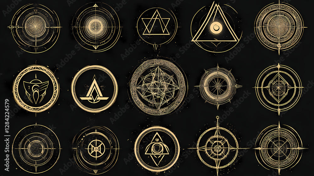 Canvas Prints A set of ancient occult symbols, including circles and triangles, arranged in a circular pattern on a black background. Mystic Occult Ritual Circle. Illustration