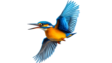 Colorful kingfisher bird in mid flight above water