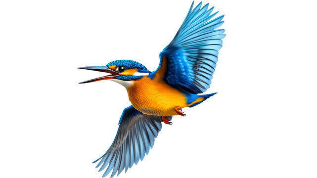 Colorful kingfisher bird in mid flight above water