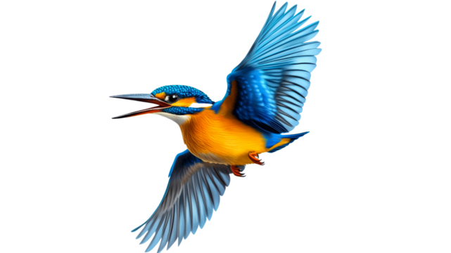 Colorful kingfisher bird in mid flight above water