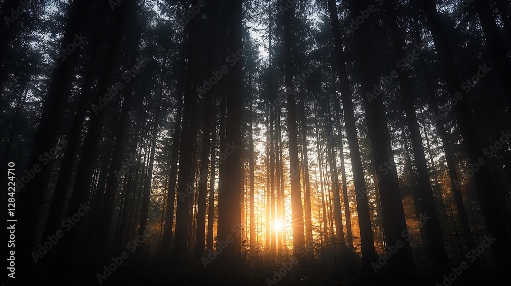 Aufkleber Ethereal morning light filtering through tall trees in a peaceful forest creating a mystical atmosphere : Generative AI