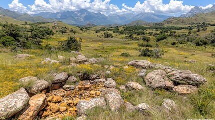 Mountain valley spring, wildflowers, sunny day