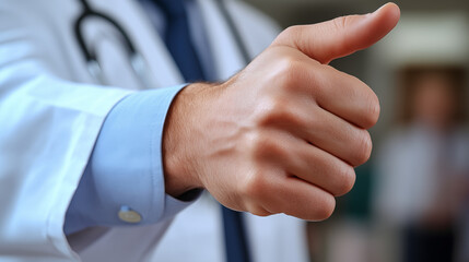 Fototapeta premium Medical professional gesturing with hand in white coat at hospital, demonstrating healthcare communication and professional expertise