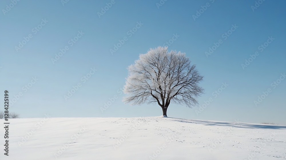 Poster lone tree on a winter landscape covered in snow with a clear blue sky in the background : generative