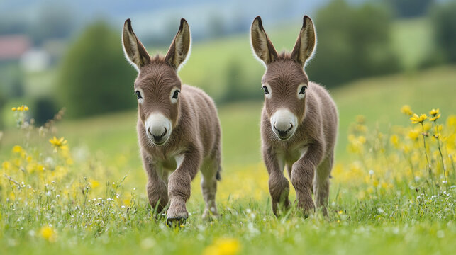 Two brown domestic donkeys walking together on a green meadow on a german farm.