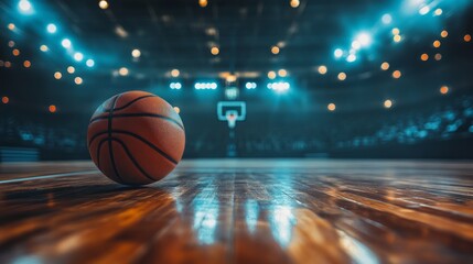 A basketball court with a ball in motion and stadium lights.