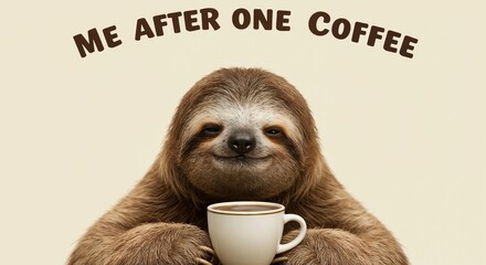 Energized Sloth with Coffee Against Beige Background