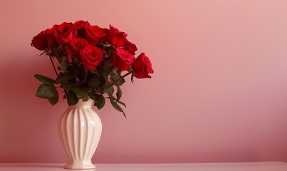 Fototapeta premium Picture of Red Roses in a Ceramic Vase with a Pink Background, Generative AI.