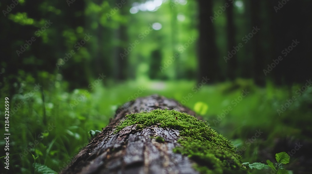 Poster a serene view of a mosscovered log in a vibrant green forest surrounding with soft natural light : g