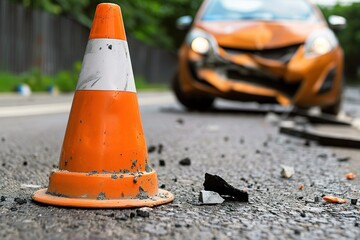 An orange traffic cone stands prominently in the foreground near a damaged car, highlighting the aftermath of a vehicular accident. emergency response