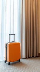  modern hotel room with an open suitcase placed near the door, ready for departure.