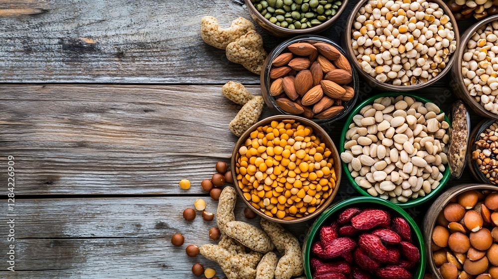 Poster assorted healthy nuts and legumes in bowls on rustic wooden table for nutrition and wellness : gener