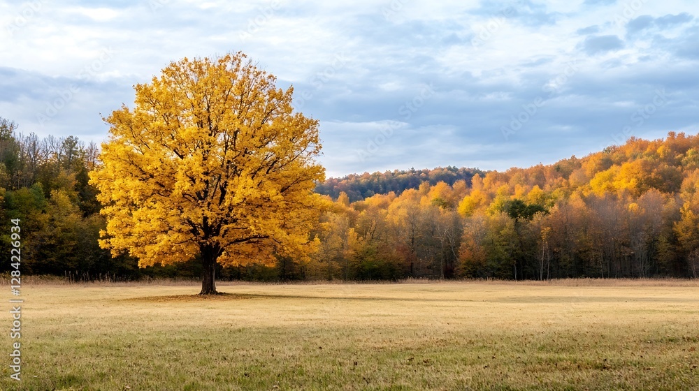 Poster Vibrant autumn tree standing alone in a serene meadow surrounded by colorful fall foliage : Generative AI